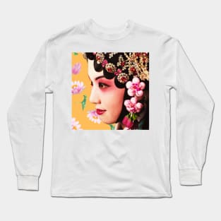 Chinese Opera Star with Lotus Flowers Custard Yellow- Hong Kong Retro Long Sleeve T-Shirt